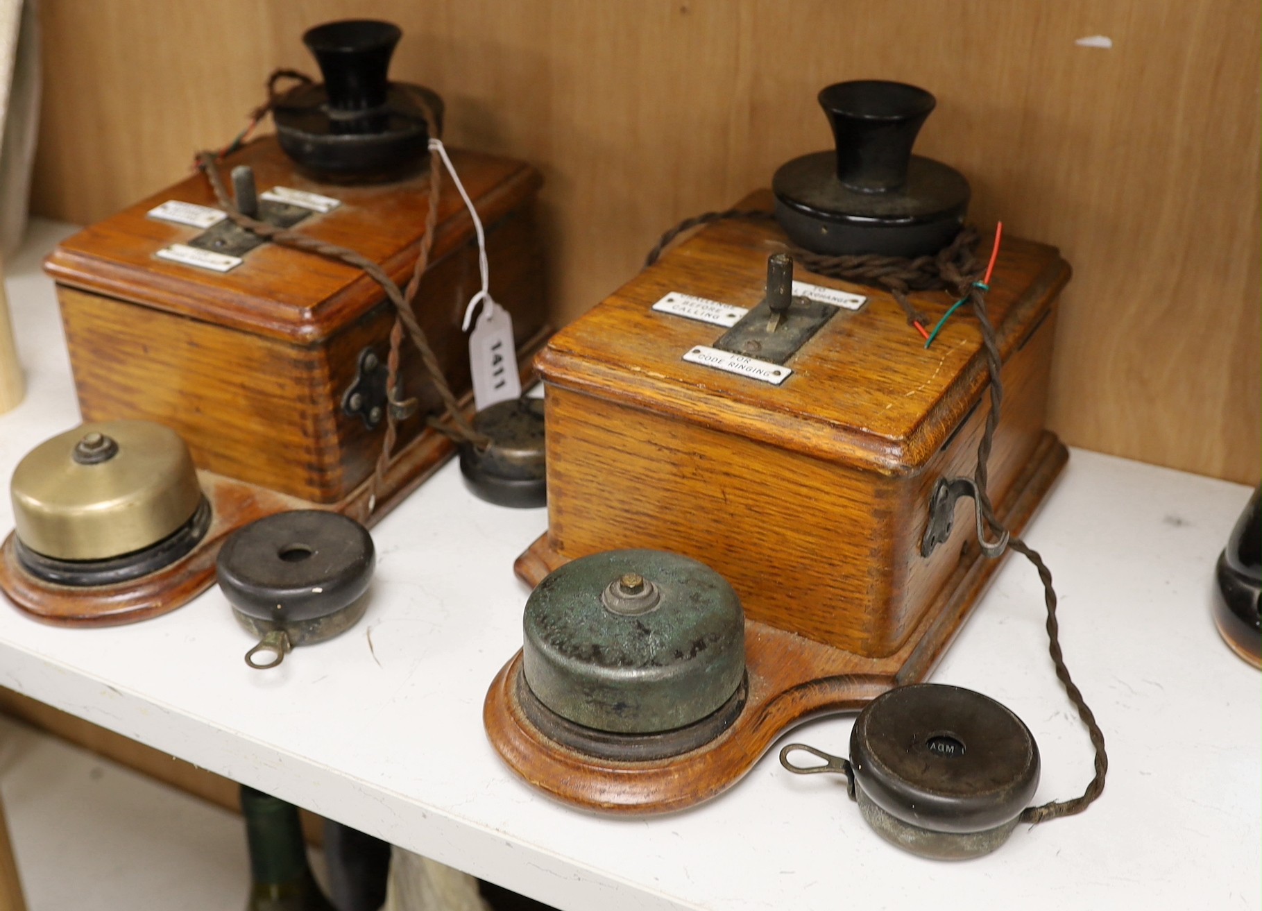 Two Ericsson oak cased railway signal box telephones, 30cms long